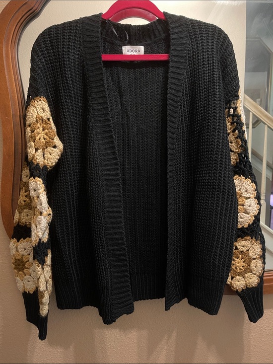 ADORA Sweaters - ADORA Black Cardigan with Cream and Brown Crochet Sleeve Accents